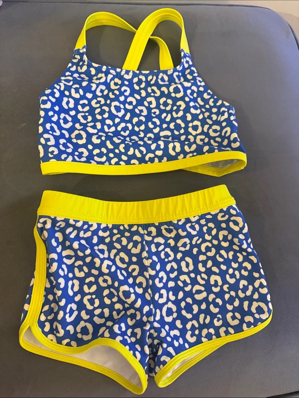 Mini Boden Blue and Yellow Leopard-Print Girls Two-Piece Swim Set